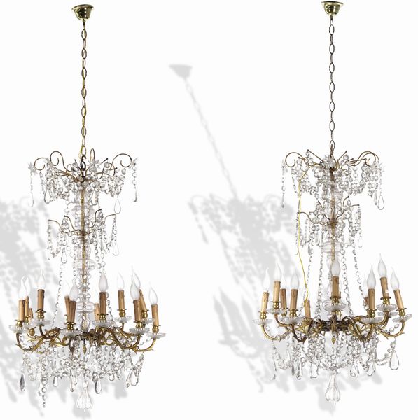 Coppia di lampadari a dodici luci in metallo dorato e pendenti in cristalli. XIX-XX secolo  - Asta Antiquariato febbraio - Associazione Nazionale - Case d'Asta italiane