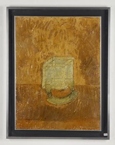 COSTA CLAUDIO (1942 - 1995) : Scatola e mezzaluna su fondo ocra.  - Asta Asta 396 | ARTE MODERNA E CONTEMPORANEA Online - Associazione Nazionale - Case d'Asta italiane