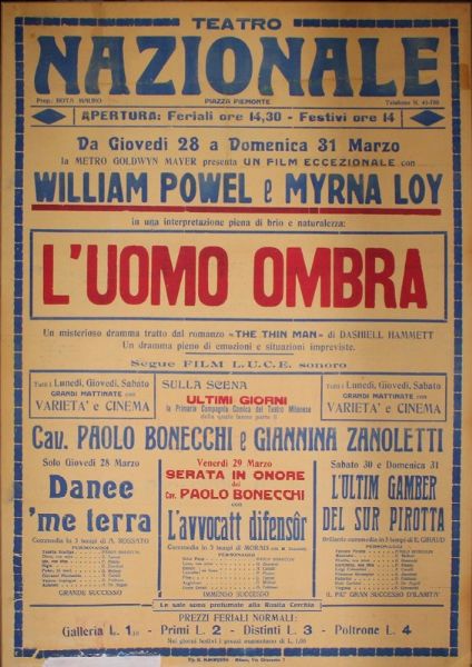 Locandina teatro nazionale film LUomo ombra  - Asta Libri illustrati e Arte Moderna, Contemporanea e Dipinti del XIX secolo - Associazione Nazionale - Case d'Asta italiane