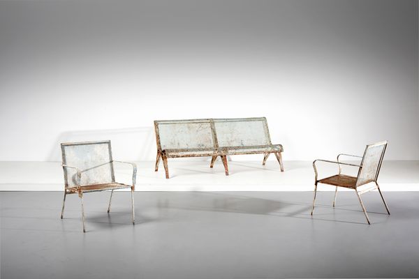MANIFATTURA ITALIANA : Panca con coppia di poltrone  - Asta Asta 397 | DESIGN E ARTI DECORATIVE DEL NOVECENTO Online - Associazione Nazionale - Case d'Asta italiane