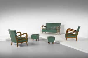 BUFFA PAOLO (1903 - 1970) - nello stile di. Coppia di poltrone con due poggiapiedi e divanetto