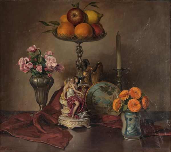 Carlo Romagnoli : Natura morta con alzata con arance e vaso con dalie  - Asta Arte figurativa tra XIX e XX secolo - Associazione Nazionale - Case d'Asta italiane