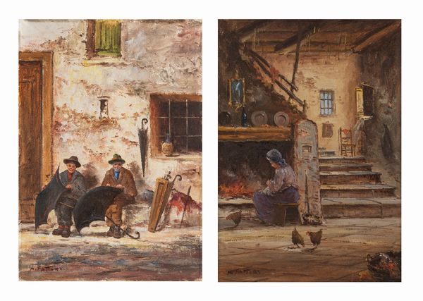 Mario Fattori : Gli ombrellai; Interno rustico  - Asta Arte figurativa tra XIX e XX secolo - Associazione Nazionale - Case d'Asta italiane