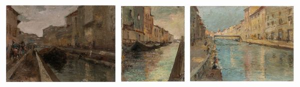 Pietro Adamo Rimoldi : Trittico del naviglio (Ripa Ticinese; La Martesana; Naviglio Pavese)  - Asta Arte figurativa tra XIX e XX secolo - Associazione Nazionale - Case d'Asta italiane