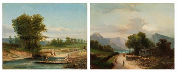 Scuola lombarda, secolo XIX : Paesaggi con viandanti  - Asta Arte figurativa tra XIX e XX secolo - Associazione Nazionale - Case d'Asta italiane