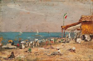 Lidio Ajmone : Spiaggia ligure  - Asta Arte figurativa tra XIX e XX secolo - Associazione Nazionale - Case d'Asta italiane