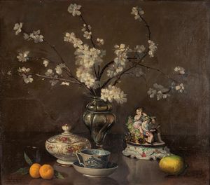 Carlo Romagnoli - Natura morta con fiori di ciliegio e porcellane