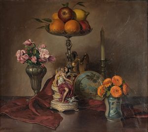 Carlo Romagnoli - Natura morta con alzata con arance e vaso con dalie