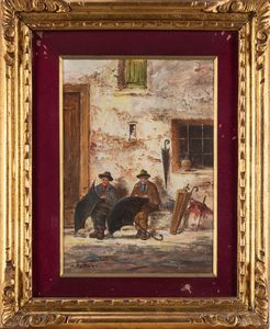 Mario Fattori : Gli ombrellai; Interno rustico  - Asta Arte figurativa tra XIX e XX secolo - Associazione Nazionale - Case d'Asta italiane