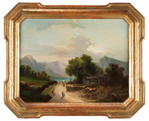 Scuola lombarda, secolo XIX : Paesaggi con viandanti  - Asta Arte figurativa tra XIX e XX secolo - Associazione Nazionale - Case d'Asta italiane