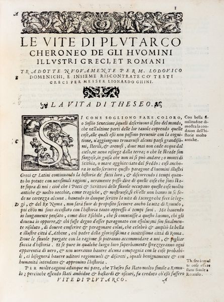 Domenichi, Lodovico, : Vite di Plutarco Cheroneo de gli hvomini / illvstri greci et romani, nvovamente tradotte per m. Lodovico Domenichi et altri - Prima parte  - Asta Libri, Autografi e Stampe - Associazione Nazionale - Case d'Asta italiane