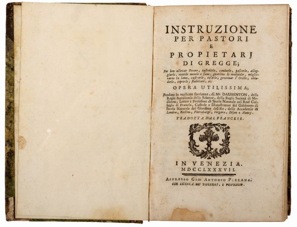 Louis Jean Marie Daubenton : Instruzione per pastori e propietarj di gregge; per ben allevar pecore, custodirle, condurle, pascerle...  - Asta Libri, Autografi e Stampe - Associazione Nazionale - Case d'Asta italiane