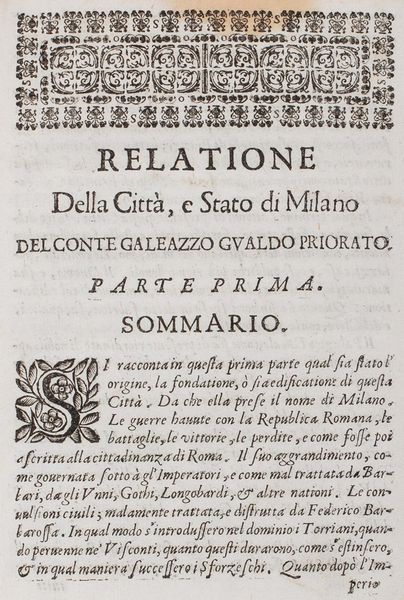 Priorato, Galeazzo Gualdo : Relatione della citta, e stato di Milano sotto il gouerno dell'eccellentissimo sig. don Luigi de Guzman Ponze di Leone  - Asta Libri, Autografi e Stampe - Associazione Nazionale - Case d'Asta italiane