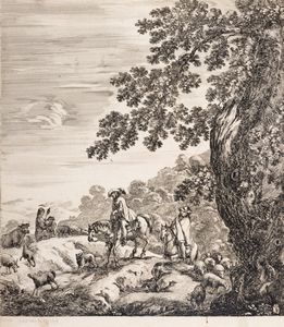 Stefano Della Bella - Paesaggio con duo uomini a cavallo
