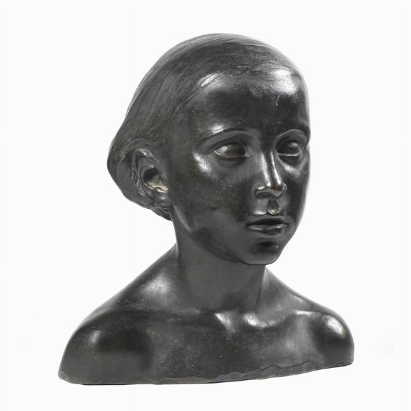 CIAMPI ALIMONDO : <br>Alimondo Ciampi<br>(San Mauro a Signa 1876 - Firenze 1939)<br>RITRATTO DI BIMBA<br>bronzo, cm 31, base in marmo rosa, cm 6, colonna in marmo verde, cm 105<br>firmata e datata "1922"<br> <br>PORTRAIT OF LITTLE GIRL<br>bronze, 31 cm, pink marble base, 6 cm, green marble column, 105 cm<br>signed and dated "1922"<br> <br> <br> <br>  - Asta ARCADE | DIPINTI DEL XIX E XX SECOLO - Associazione Nazionale - Case d'Asta italiane