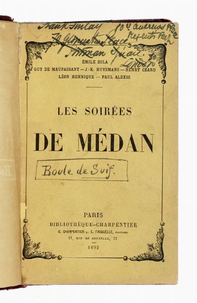 MILE ZOLA : Dedica autografa su libro Les Soires de Mdan.  - Asta Libri, autografi e manoscritti - Associazione Nazionale - Case d'Asta italiane