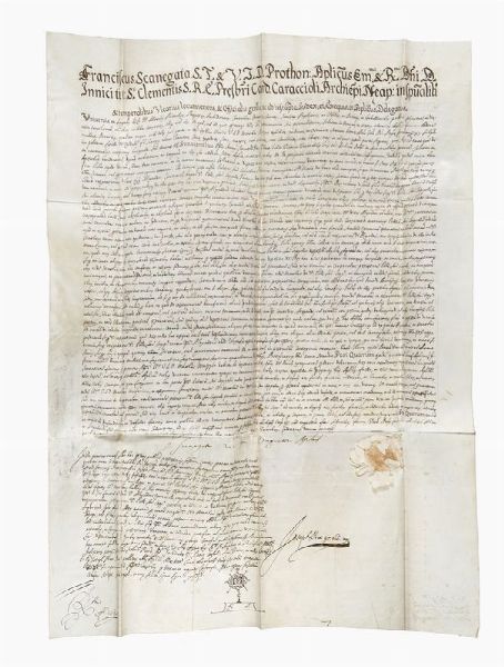 Acta Fundationis / Iurispatronatus / Ecclesiae S. Mariae de Faro / Villa Pausilypi / Ad favorem / V. S. D. Francisci M.ae Maza / Ex / Concessione obtenda / A / SS.mo D. N. Papa / Innocentio XI.  - Asta Libri, autografi e manoscritti - Associazione Nazionale - Case d'Asta italiane