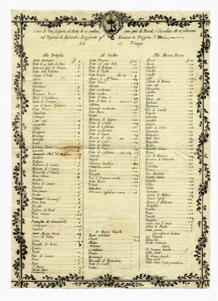 Corso de Vini, Liquori, ed Acetti che si vendono come pure de Rosoli, e cioccolata che si fabricano nel Negozio di Alessandro Lazzaroni [...] Evatisto in Frezzeria S. Mois.  - Asta Libri, autografi e manoscritti - Associazione Nazionale - Case d'Asta italiane