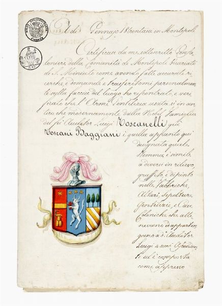 Raccolta di carte relative alla famiglia Toscanelli, gi Toscani Baggiani (con stemmi acquarellati).  - Asta Libri, autografi e manoscritti - Associazione Nazionale - Case d'Asta italiane