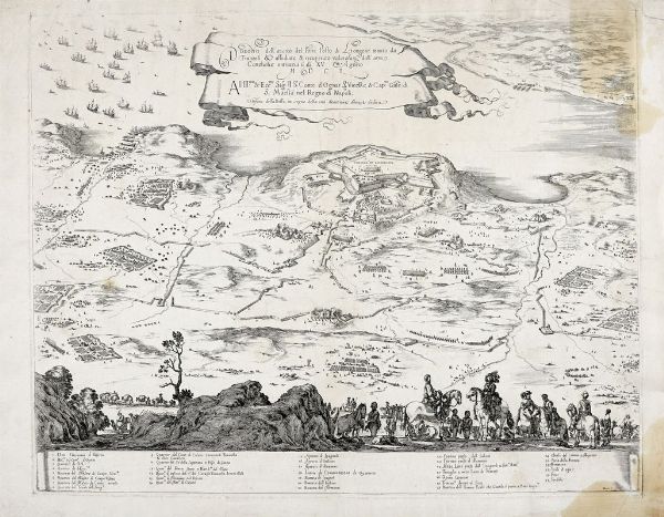 Stefano Della Bella : DISEGNO dell?attacco del forte Posto di Longone tenuto da Franzesi, & assediato & recuperato valorosam.te dall?armi Cattoliche entratevi il XV Agosto MDCL.  - Asta Libri, autografi e manoscritti - Associazione Nazionale - Case d'Asta italiane
