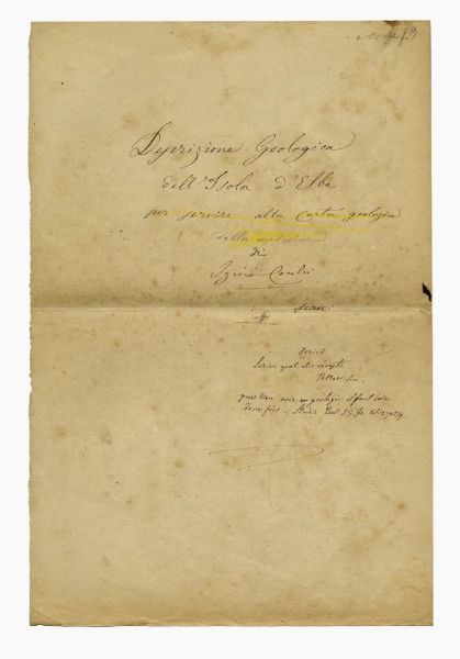 IGINO COCCHI : Descrizione geologica / dell'isola d'Elba / per servire alla carta geologica della medesima [...].  - Asta Libri, autografi e manoscritti - Associazione Nazionale - Case d'Asta italiane