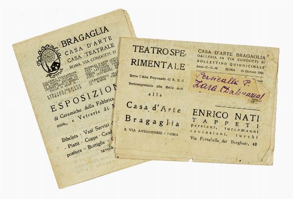 Lotto di 2 fogli d'esposizione Bragaglia, casa d'arte casa teatrale.  - Asta Libri, autografi e manoscritti - Associazione Nazionale - Case d'Asta italiane