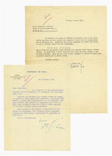 Raccolta di 191 tra lettere, cartoline e biglietti e veline di attori e artisti del mondo dello spettacolo.  - Asta Libri, autografi e manoscritti - Associazione Nazionale - Case d'Asta italiane