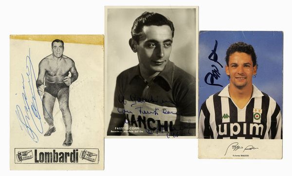Raccolta di 74 tra cartoline e fotografie autografate - o solo firme - di personaggi del mondo dello sport.  - Asta Libri, autografi e manoscritti - Associazione Nazionale - Case d'Asta italiane
