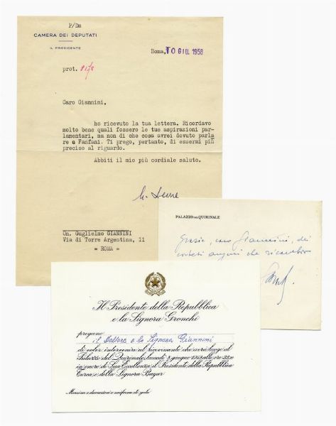 Raccolta di 10 tra lettere e biglietti autografi di Enrico De Nicola, Giovanni Gronchi e Giovanni Leone.  - Asta Libri, autografi e manoscritti - Associazione Nazionale - Case d'Asta italiane