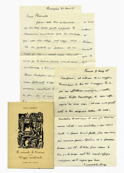 CARLO BETOCCHI : Raccolta di 6 lettere e 5 biglietti autografi, insieme a 1 libro dedicato e 1 ritratto fotografico con dedica e firma autografa.  - Asta Libri, autografi e manoscritti - Associazione Nazionale - Case d'Asta italiane