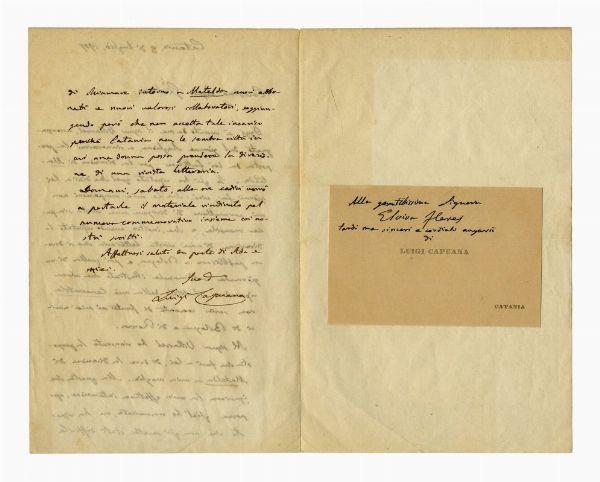 LUIGI CAPUANA : 1 lettera autografa firmata e 1 biglietto da visita autografo.  - Asta Libri, autografi e manoscritti - Associazione Nazionale - Case d'Asta italiane