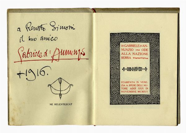 Gabriele D'Annunzio : Dedica autografa su libro Ode alla nazione serba  - Asta Libri, autografi e manoscritti - Associazione Nazionale - Case d'Asta italiane