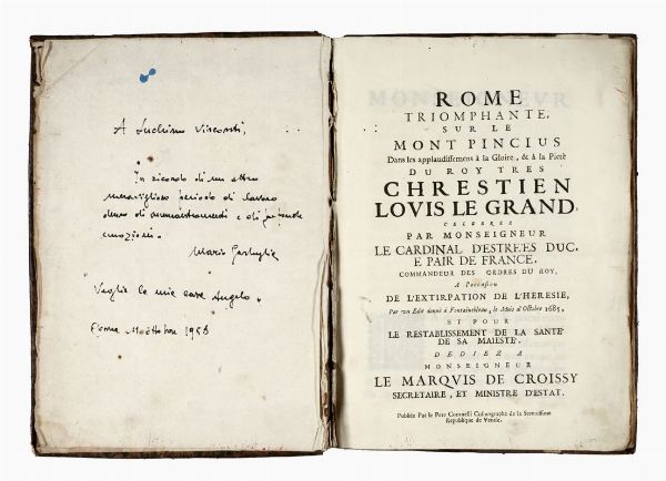 Vincenzo Maria Coronelli : Roma festeggiante nel monte Pincio negli applausi alle glorie della piet del cristianissimo Lodovico il Grande in occasione della da lui estirpata eresia...  - Asta Libri, autografi e manoscritti - Associazione Nazionale - Case d'Asta italiane