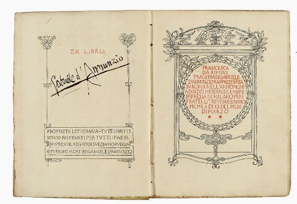 Gabriele D'Annunzio : Firma autografa su libro Francesca da Rimini.  - Asta Libri, autografi e manoscritti - Associazione Nazionale - Case d'Asta italiane