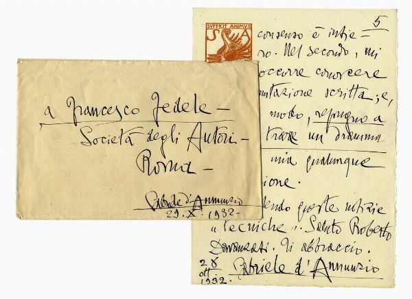 Gabriele D'Annunzio : Lettera autografa firmata inviata a Francesco Fedele.  - Asta Libri, autografi e manoscritti - Associazione Nazionale - Case d'Asta italiane