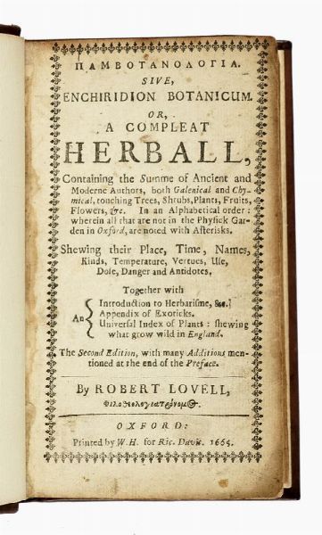 ROBERT LOVELL : Pambotanologia sive, Enchiridion Botanicum. Or, a Compleat Herball...  - Asta Libri, autografi e manoscritti - Associazione Nazionale - Case d'Asta italiane