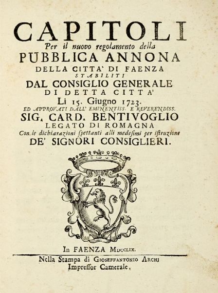 GIUSEPPE PISTOCCHI : Arco trionfale di Faenza dell'anno 1797. Suo disegno, e sua metamorfosi...  - Asta Libri, autografi e manoscritti - Associazione Nazionale - Case d'Asta italiane