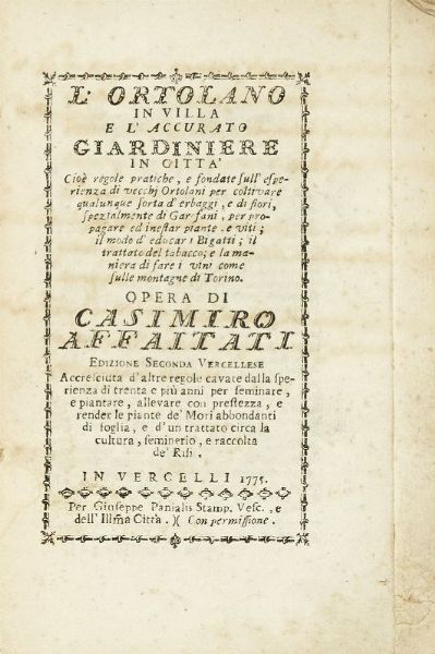 CAMILLO TARELLO : Ricordo d'agricoltura [...] corretto, illustrato, aumentato con note...  - Asta Libri, autografi e manoscritti - Associazione Nazionale - Case d'Asta italiane