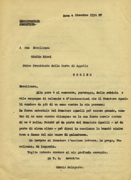CURZIO MALAPARTE : Lunga lettera dattiloscritta di Curzio Malaparte indirizzata al senatore Giovanni Agnelli.  - Asta Libri, autografi e manoscritti - Associazione Nazionale - Case d'Asta italiane