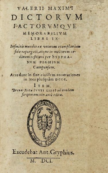 VALERIUS MAXIMUS : Dictorum, factorumque memorabilium. Libri IX.  - Asta Libri, autografi e manoscritti - Associazione Nazionale - Case d'Asta italiane