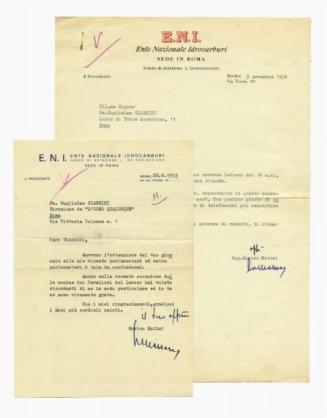 ENRICO MATTEI : Raccolta di 12 lettere dattiloscritte con firme autografe e 7 telegrammi.  - Asta Libri, autografi e manoscritti - Associazione Nazionale - Case d'Asta italiane