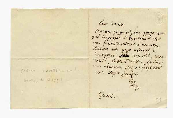 Giuseppe Mazzini : Lettera autografa siglata.  - Asta Libri, autografi e manoscritti - Associazione Nazionale - Case d'Asta italiane