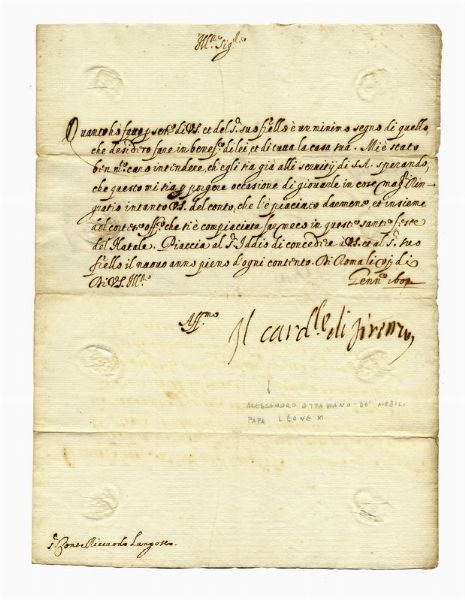 ALESSANDRO DI OTTAVIANO DE' MEDICI : 2 lettere con firma autografa il Cardinale di Firenze.  - Asta Libri, autografi e manoscritti - Associazione Nazionale - Case d'Asta italiane