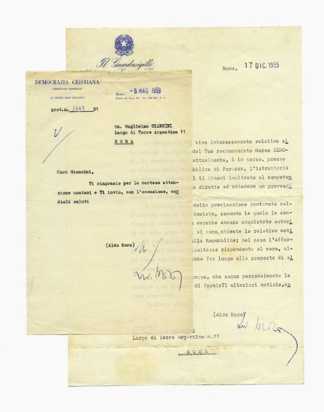 ALDO MORO : 2 lettere dattiloscritte con firma autografa.  - Asta Libri, autografi e manoscritti - Associazione Nazionale - Case d'Asta italiane
