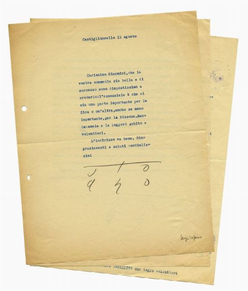 Sergio Tofano : 3 lettere dattiloscritte con firma autografa.  - Asta Libri, autografi e manoscritti - Associazione Nazionale - Case d'Asta italiane