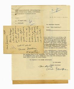 Cesare Zavattini - 2 lettere dattiloscritte con firme autografe e 1 biglietto autografo firmato.