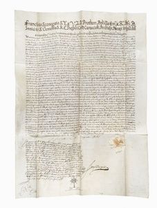 Acta Fundationis / Iurispatronatus / Ecclesiae S. Mariae de Faro / Villa Pausilypi / Ad favorem / V. S. D. Francisci M.ae Maza / Ex / Concessione obtenda / A / SS.mo D. N. Papa / Innocentio XI.  - Asta Libri, autografi e manoscritti - Associazione Nazionale - Case d'Asta italiane