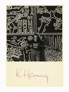 Keith Haring - Foto cartolina in b/n con firma autografa.