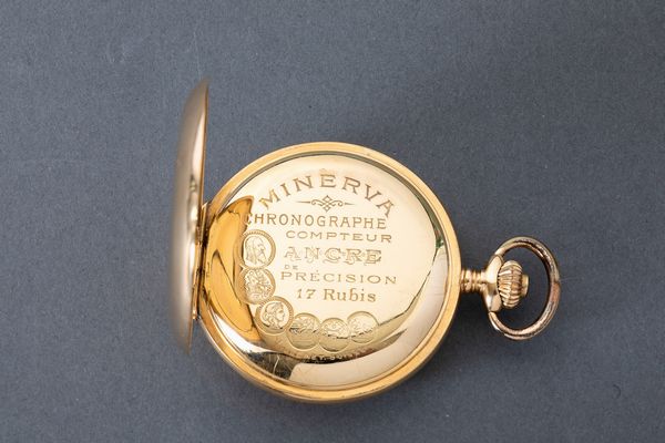 MINERVA - Cronografo da tasca in oro giallo 18k, con scappamento ad ancora, quadrante in smalto bianco.  - Asta Pocket Watches - Associazione Nazionale - Case d'Asta italiane