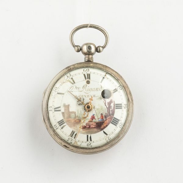 “P Rigaud” : orologio da tasca svizzero, 1790 circa. Cassa in argento, movimento con scappamento a verga e conoide, quadrante in smalto bianco decorato ( filature ).  - Asta Pocket Watches - Associazione Nazionale - Case d'Asta italiane